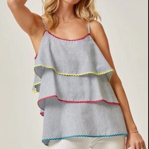 ANDREE BY UNIT Gray Striped Tank Top with Colorful Trim. Large. Layered Style.